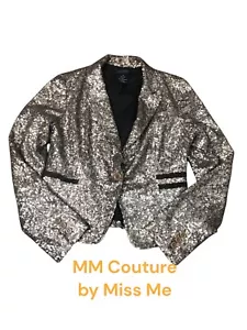 MM Couture by Miss Me Gold Sequin Jacket w/Brown Trimmed Pockets Med - Picture 1 of 7
