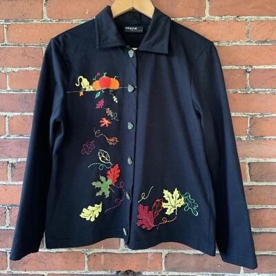 Cárdigan Onque Informals M Negro Botón Frontal Hojas de Otoño Calabaza Gato Bordado Foto 1 de 4