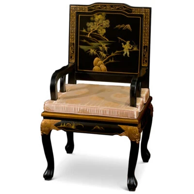 CHINA FURNITURE AND ARTS US Seller - Black Queen Anne Chinoiserie Scenery Motif Oriental Arm Chair