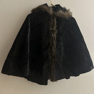antique Edwardian black Embroidered Velvet Cape With Fur Trim XS/S - Picture 1 of 10
