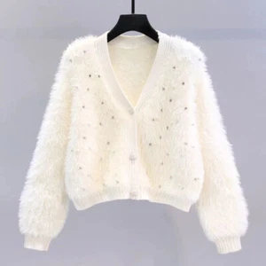 Women V-neck Faux Mohair Sweater Jumper Beaded Fluffy Warm Knitwear Winter Soft - Picture 1 of 17