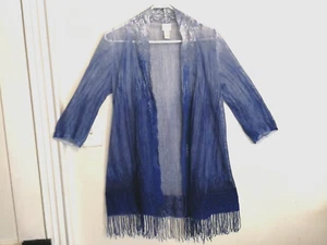 Chicos Womens Cardigan Sweater 1 M 8 Blue White Linen Blend Lace Floral Open - Picture 1 of 3