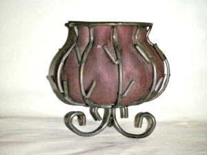 METAL IRON CAGE OVER BLOWN THICK RED GLASS VASE VOTIVE 60'S BULGING MURANO ITALY - Picture 1 of 10