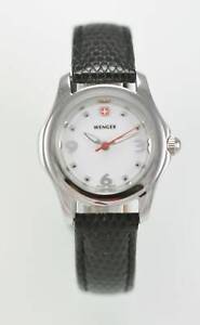 Wenger Women Watch Stainless Steel Silver Black Leather 50m White Battery Quartz