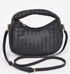 Black Hobo Clutch Bag Purse w/ Handle Braided Leather Shoulder Crossbody Strap - Picture 1 of 1
