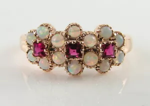 9K 9CT ROSE GOLD INDIAN RUBY OPAL ART DECO INS 3 DAISY CLUSTER RING FREE RESIZE - Picture 1 of 5