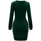 (Dark Green S)Women Short Dress Twist Front Long Sleeve V Neck Breathable HG5