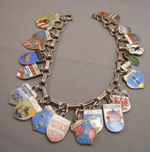 Vintage Emaille Europa Reise Schild Souvenir 21 Bettelarmband 835 Silber 7 Zoll - Bild 1 von 6