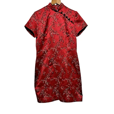 复古 90 年代 Ronnie Nicole 迷你礼服旗袍红色樱花 尺寸 M — 第 1/4 张图片