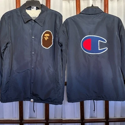 2016 A Bathing Ape Bape x Champion Sherpa Lined Navy Coaches Jacket sz Medium - Image 1 of 4