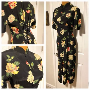 VESTIDO DE COLECCIÓN AÑOS 90 RETRO AÑOS 40 VIBRACIONES NEGRO FLORAL ESTILO MANDARINA RAYÓN TALLA 9/10 M - Imagen 1 de 14