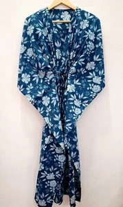 Blue Long Kaftan Maxi Dress Women Handmade Block Print Floral Gown Indian - Picture 1 of 7