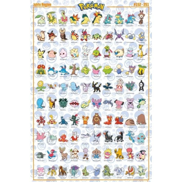 Póster de Nintendo Pokemon Johto Region 2020 #152-#251 gráfico 24x36 nuevo envío gratuito Foto 1 de 1
