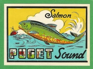 VINTAGE ORIGINAL 1946 SOUVENIR "PUGET SOUND" SALMON WASHINGTON TRAVEL DECAL ART - Picture 1 of 1