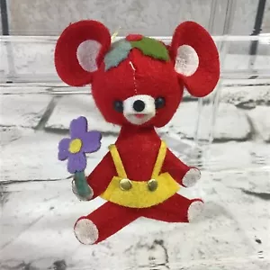 Vintage Plush Felt Teddy Bear Red Made In Japan Ornament Purple Flower - Picture 1 of 3