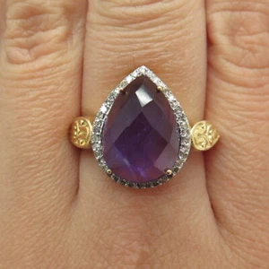 925 Sterling Silver Gold Plated Diamond & Checkered Amethyst Gem Ring Size 8 - Picture 1 of 8
