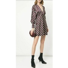  Alexis Tena Striped Mini Dress Women Deep V Neck Long Sleeve M