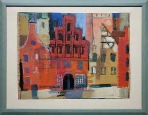 Pintura acuarela tinta paisaje casas ciudad Gerda Henning herencia monograma - Imagen 1 de 9