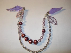 Vintage Mod 2~Strand Enamel Leaves Angel Wings Real Pearls Sweater Dress Clip - Picture 1 of 3