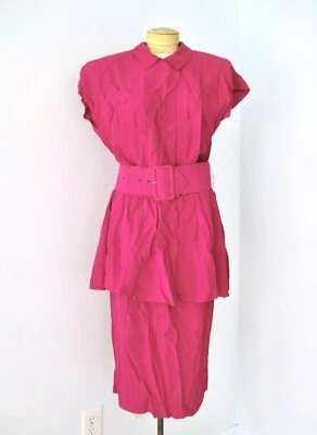 Vestido peplum rosa fúcsia vintage anos 80 New Wave Dawn Joy ombros grandes cinto largo 11 - Imagem 1 de 4
