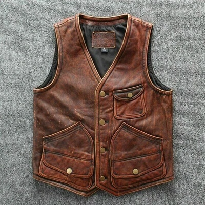 Men's Biker Vintage Tan Brown Real Leather Motorcycle Vest  - Image 1 of 4