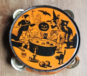 Vintage Scarce Halloween J Chein Tin Litho Tambourine w/ALL 4 Jingles - Picture 1 of 16