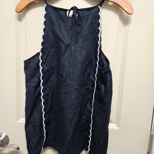 New Ann Taylor Petite Black Sleevless Linen Halter Top White Scallop Trim SP - Picture 1 of 7