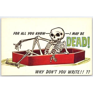Postcard Skeleton Humor Why Don't You Write Funny Vintage - Picture 1 of 3