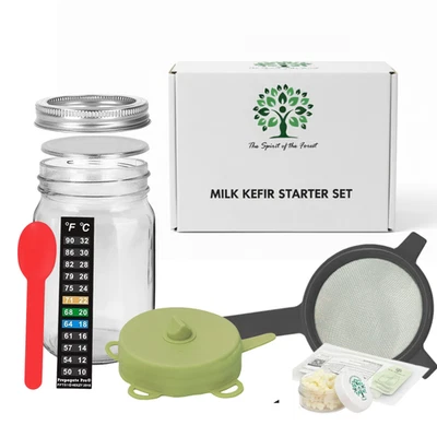 Latte Kefir Grani Starter Kit Barattolo, Colino, Cucchiaio, Termometro, Coperchio Fermento - Immagine 1 di 4