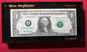 Vintage 1995 Dollar Bill in Lucite Paperweight Boston AC NIELSEN - Picture 1 of 3