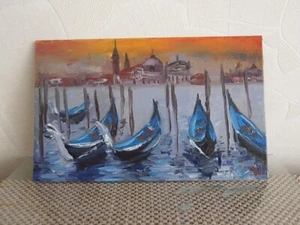 Venetian landscape with gondolas, Venetian original oil painting, seascape art - Picture 1 of 11