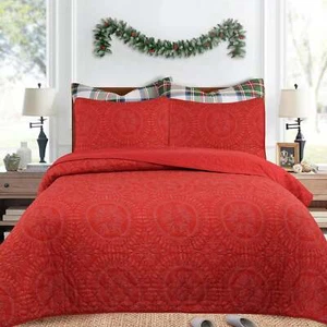 Juego de colcha edredón rojo medallón navideño festivo de 3 piezas - ropa de cama navideña - Imagen 1 de 8