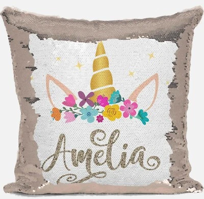 Personalised Unicorn Any Name Magic Reveal Gold Sequin Cushion Cover Gift  - Image 1 of 4