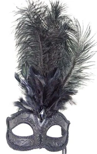 MIDNIGHT BLACK FEATHER HAND HELD MASK & STICK VENETIAN CARNIVAL MASQUERADE PARTY - Picture 1 of 6