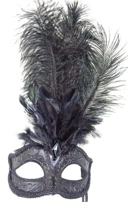 MIDNIGHT BLACK FEATHER HAND HELD MASK & STICK VENETIAN CARNIVAL MASQUERADE PARTY - Image 1 of 4