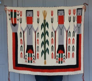 Vtg Rainbow Yei Navajo Rug - Yei Figures Corn Plants Prayer Feathers - 32" x 36" - Picture 1 of 5
