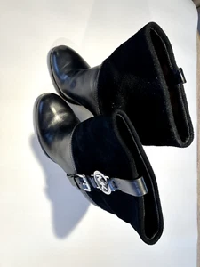 MICHAEL KORS Fulton Harness Black Suede & Leather High-Heel Ankle Booties, W 5.5 - Picture 1 of 6