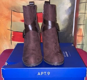 Boots Faux Suede Block Heel Studded Ankle Straps Size 7.5 Brown NEW - Picture 1 of 3
