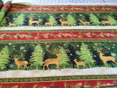PEACE ON EARTH TREE & DEER Linear cotton quilters fabric per yard - Image 1 of 3