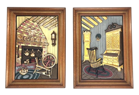 Set of 2 Vtg Hand Colored Turner Accessory Early American Scene Wall Hangings 3D Cover