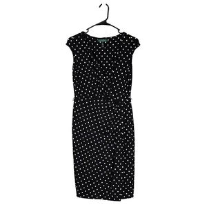 Ralph Lauren Women’s Black White Polka Dot Faux Wrap Stretch Sheath Dress Size 4 - Picture 1 of 8