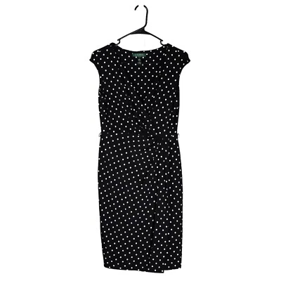 Vestido Vaina Ralph Lauren Para Mujer Negro Blanco Lunares Imitación Envolvente Elástico Talla 4 Foto 1 de 4