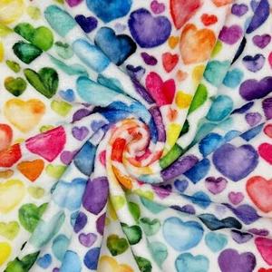 Super Soft Cuddle Fleece Fabric Material RAINBOW LOVE HEARTS - Picture 1 of 5