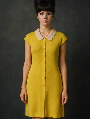 Vestido midi tejido vintage años 60 para mujer pequeño amarillo crema cuello abotonado femenino” Foto 1 de 4