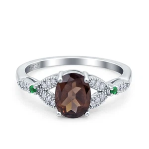 Oval Natural Chocolate Smoky Quartz Leaf Design Beaded Ring 925 Sterling Silver - Bild 1 von 24