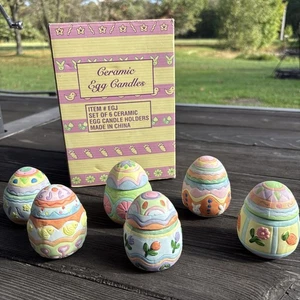 Set Of 6 Ceramic Easter Egg Candle Holders Multi Colored w/Candles Hand Painted - Picture 1 of 22