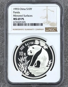China 1993 10 Yuan 1 Ounce Oz Silver Panda Mirrored Surfaces NGC MS 69 PL - Picture 1 of 2