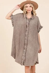 Mini Vestido Camisa Gasa Algodón Lavado Mineral - Ligero, Ajuste Relajado - Imagen 1 de 5