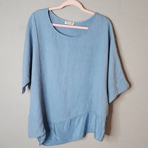 FLY 100% Linen Tunic Top Shirt Women Plus 2X Blue Lagenlook Dolman Made in Italy - Picture 1 of 11