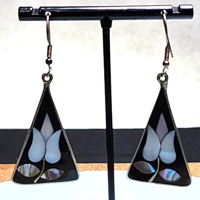 Vintage Tulip Flower Earrings Dangle Abalone Shell 80s Inlay Silver Tone - Image 1 of 4
